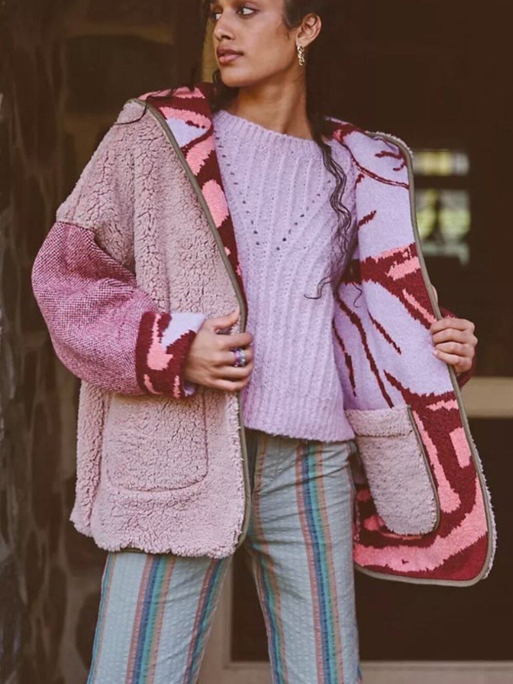Free People Women's Winter Chill Reversible Cardi in Orchid Rose Combo Small